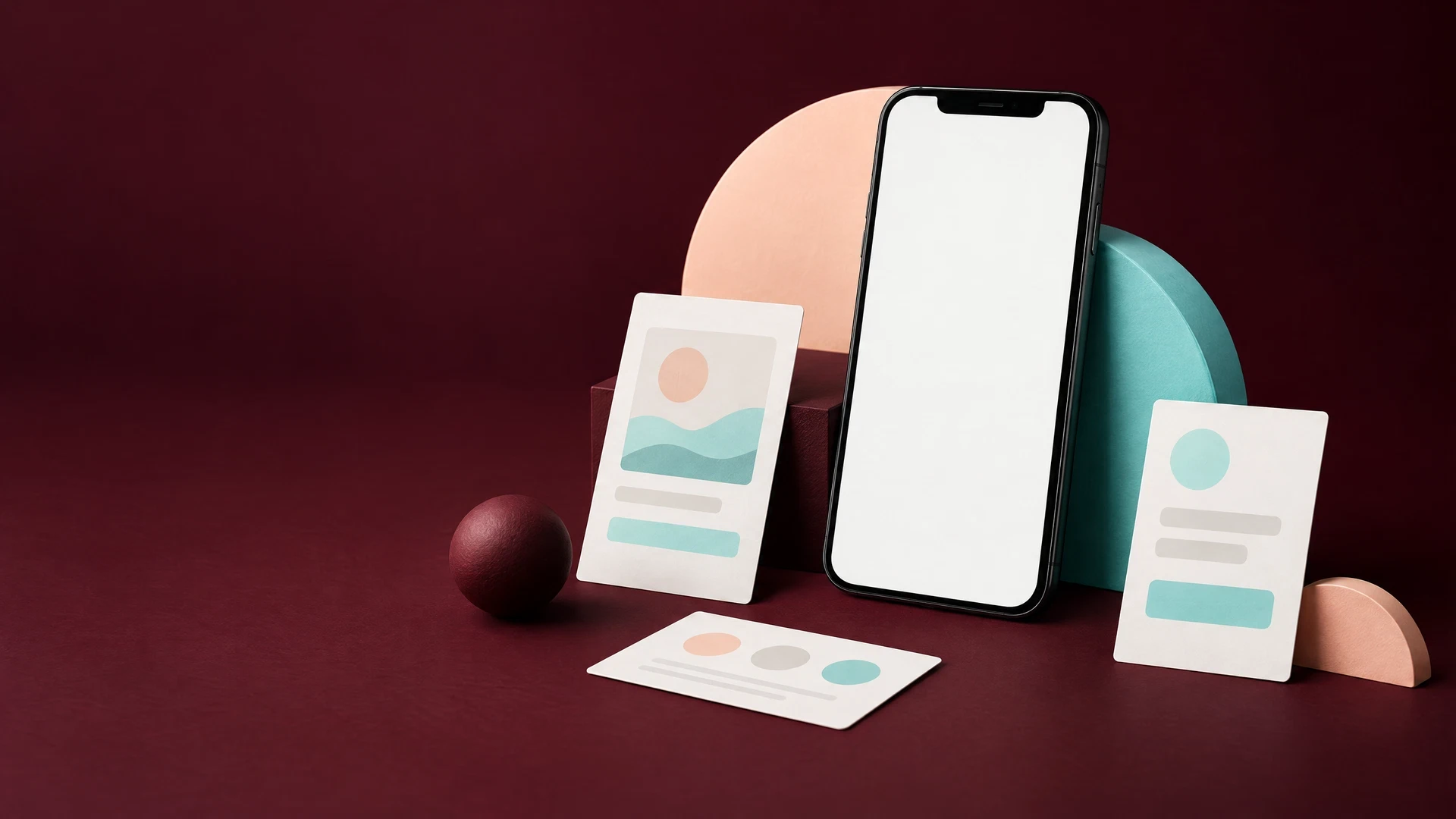 Generic phone and blank interface cards on dark cherry background