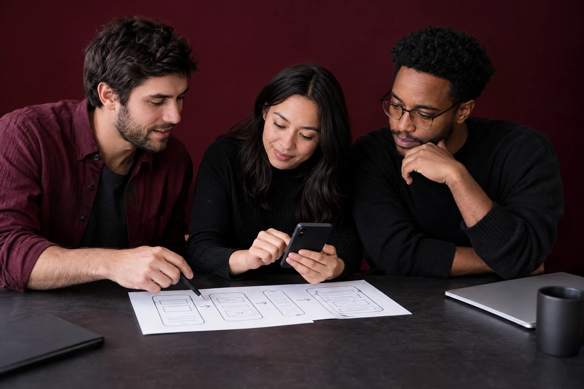 Collaborators reviewing generic phone and blank paper flow