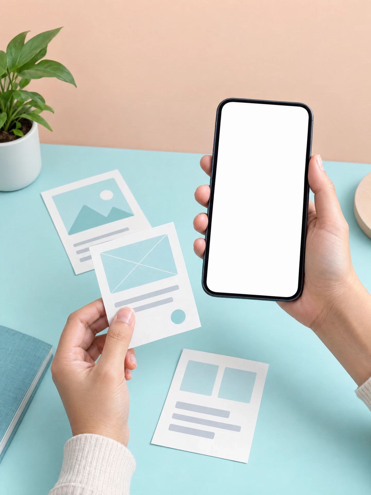 Person holding generic blank smartphone beside prototype cards