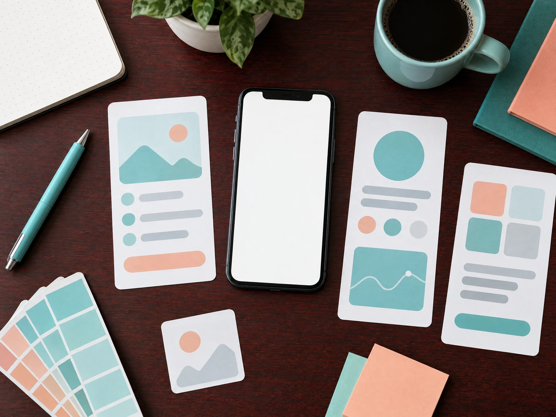 Generic phone and abstract interface cards on dark table