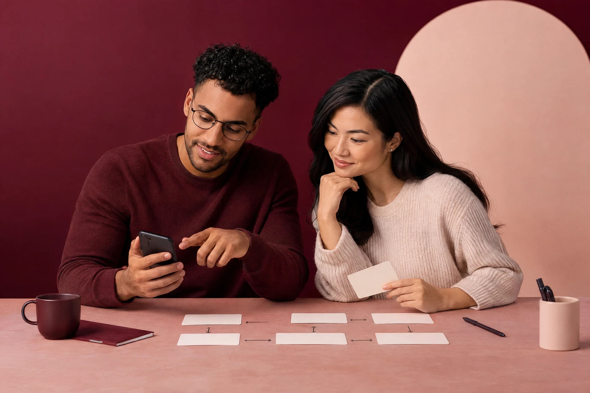 Two people reviewing generic phone and blank flow cards