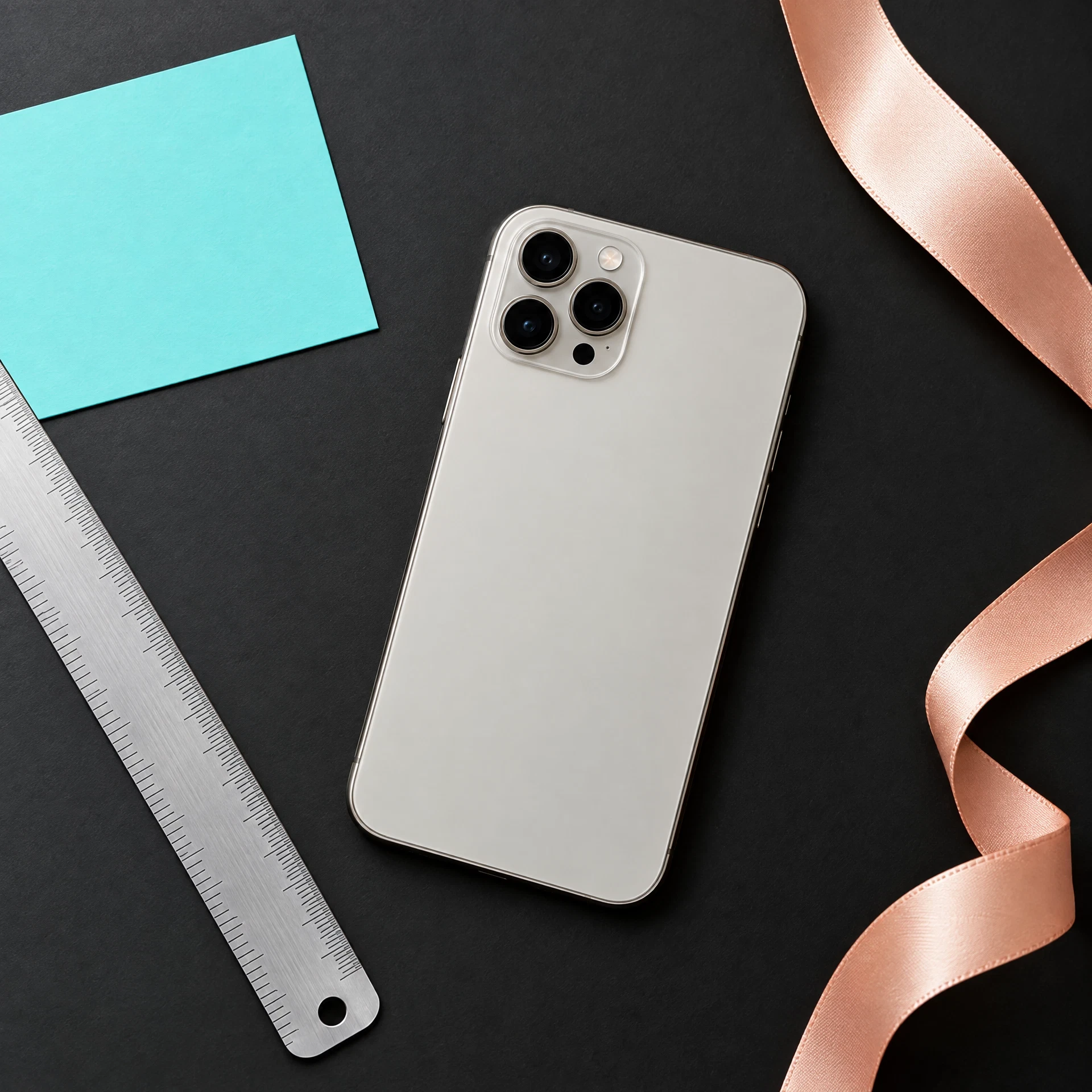Blank phone with ruler and aqua card on dark surface
