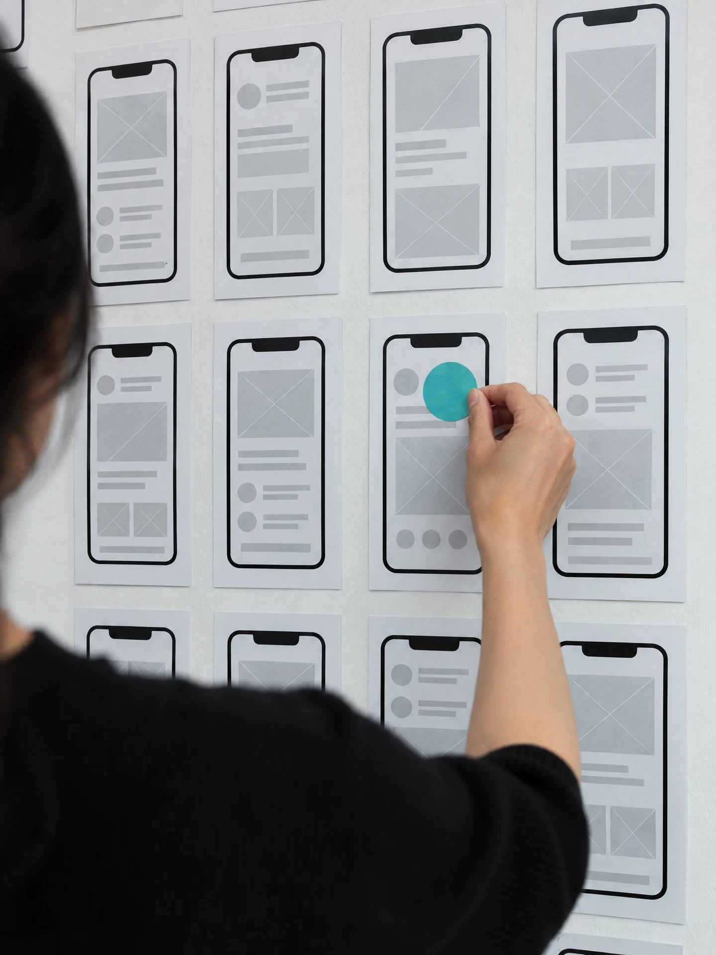 Wall of blank mobile wireframes and aqua shape
