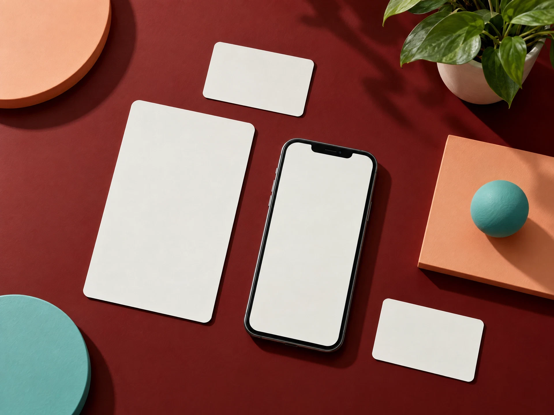 Blank interface cards and generic phone on dark red table